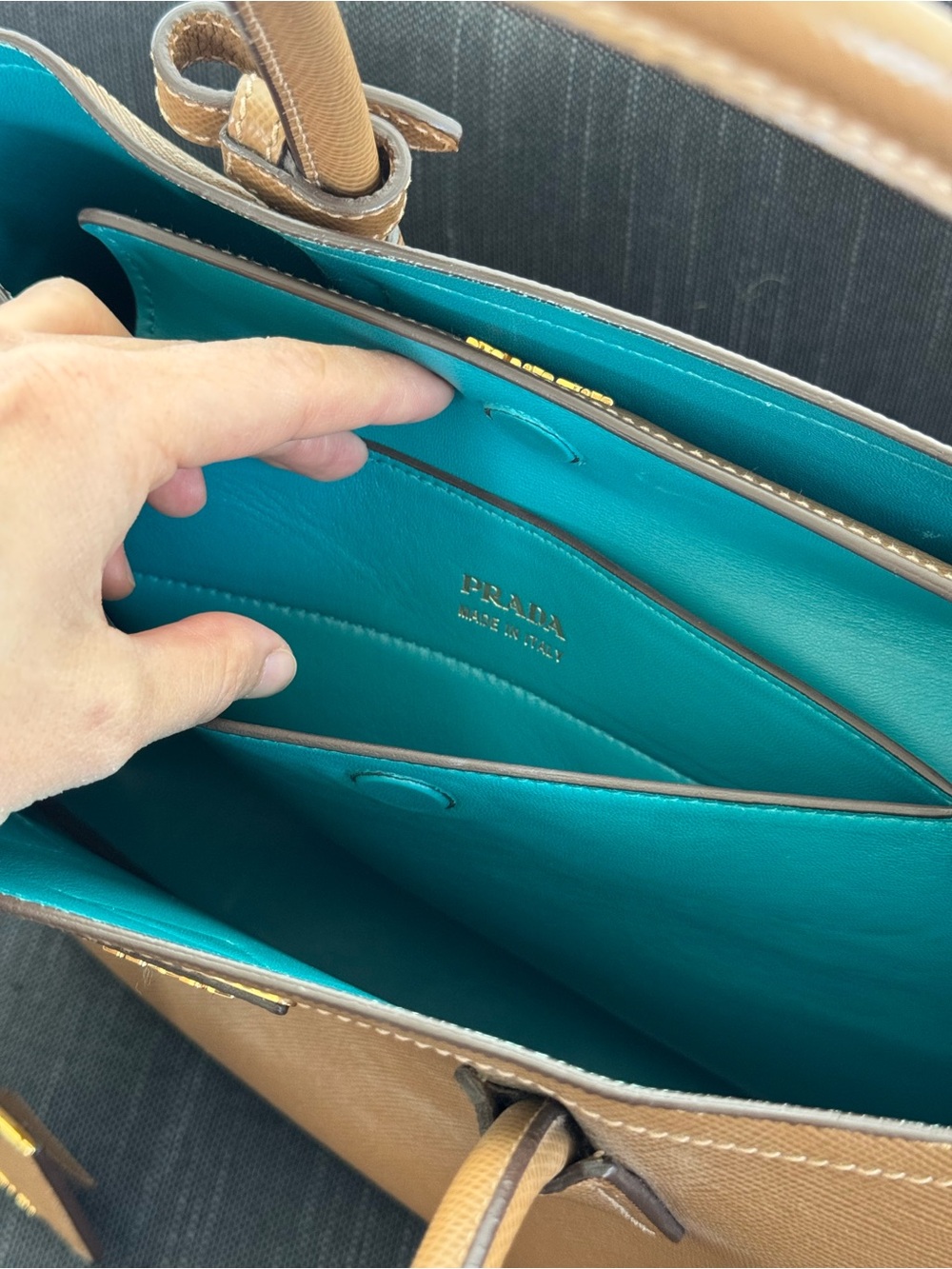 Prada Brown Double Saffiano Tote with Turquoise Interior Rare - Picture 9 of 13